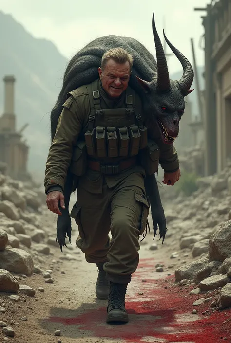 Create an image of a soldier carrying a dead demon on his back.