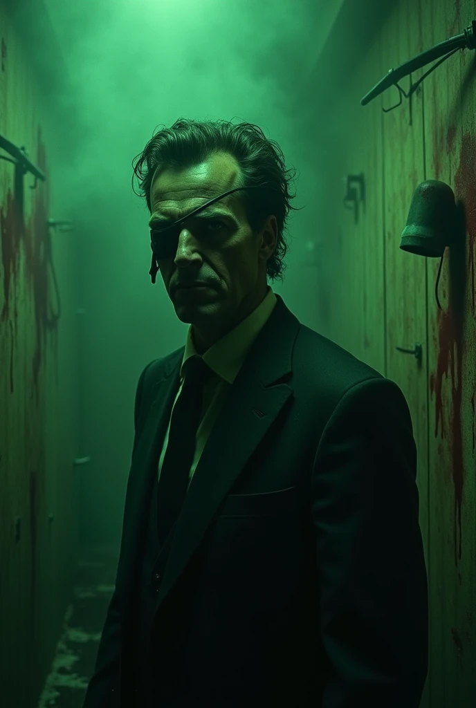 A haunting image of a serial killer with a sinister, emotionless expression, wearing an eyepatch. The scene is drenched in green tones, with bloodstains and eerie shadows surrounding the character. The background features a desolate, horror-inspired settin...