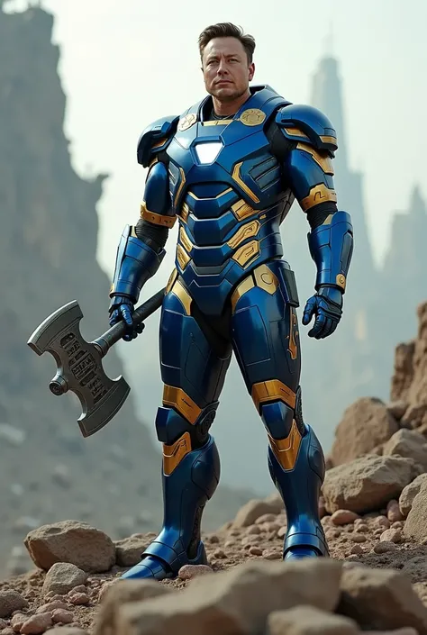  Elon Musk dressed in Iron Man , In the colors blue and gold ,  holding Thors axe ,  armor on top of a destroyed building after fighting aliens