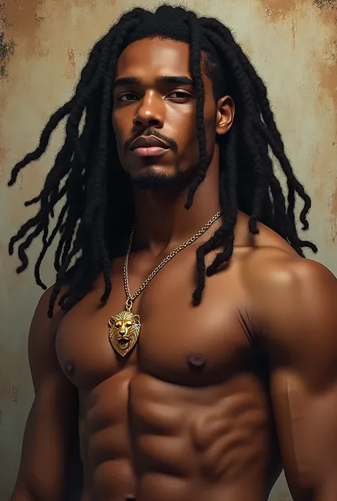 (photorealism:1.2), make an original character who is brownskin male teenager with long black dreadlocks and make him shirtless and muscular and give him a golden lion necklace and make his face more seductive and make his nose wide and make his face more ...