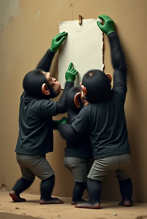 Three realistic chimpanzees wearing black t-shirts, gray pants and green gloves sticking a paper on the wall. 