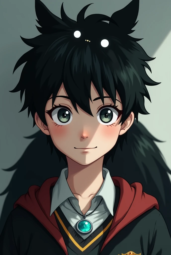 A  boy with bright gray eyes, black hair, white skin, and wearing an aquamarine necklace.
And there is a black shadow with white eyes smiling behind it, realistic, wearing a Gryffindor Hogwarts student uniform.
