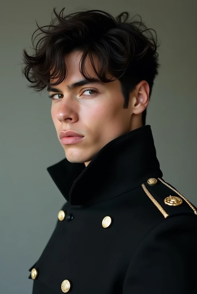 photo portrait of a young 18-year-old boy of gypsy appearance in a black military uniform