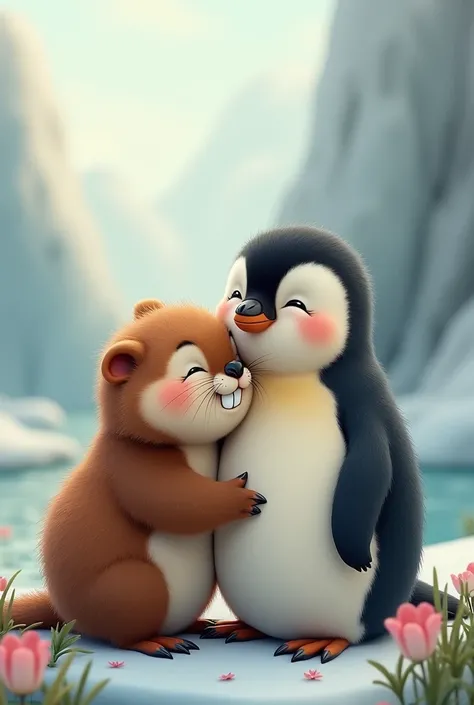 cute small beaver and a little bit bigger penguin in love