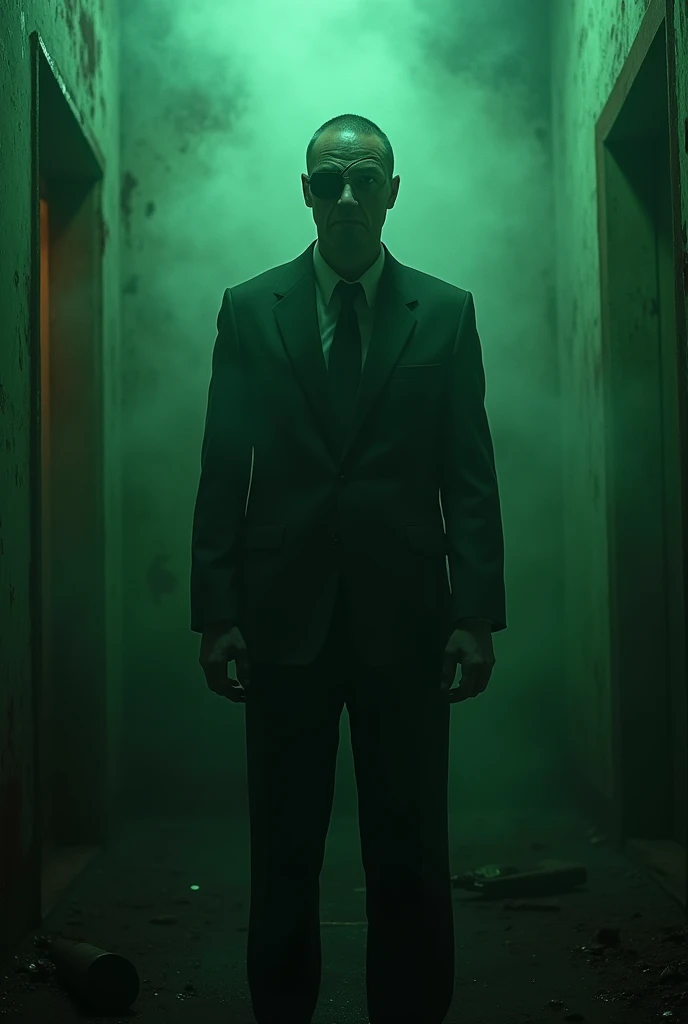 A image of a serial killer horror man with a sinister, emotionless expression, wearing an eyepatch. The scene is drenched in green tones, with bloodstains and eerie shadows surrounding the character. The background features a desolate, horror-inspired sett...