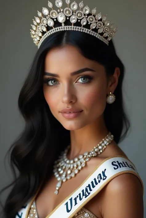  creates a beautiful woman ,  skin with long straight black hair, with blue eyes,  with a beautiful dress with a diamond necklace , a beautiful tiara ,  with a ribbon that reads  "uruguay" participating in miss universe  