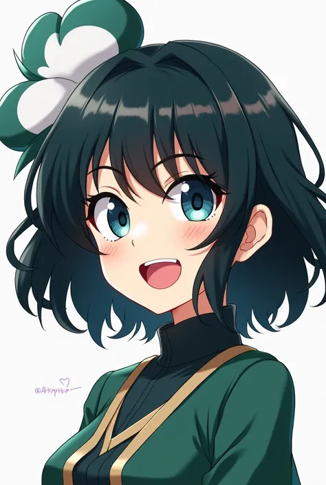 Make a girl in the style of Bnha with the following appearance: short shoulder-length hair, color black with a white and green tuft ,wavy hair, blue eyes, the right eye is bluer and a red flash , red lips, long eyelashes ,pale skin and red cheeks 