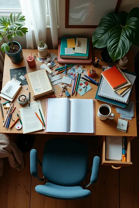 photo réaliste dun bureau dadolescent assez en désordre sans ordinateur, vu du dessus