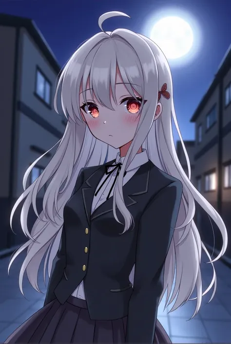 1 girl,  long hair,  looks at the viewer,  blond hair,  Red eyes,  closed mouth ,  silver hair, vampire girl , anime,  on the street, under the bright moon, white hair, illuminated street , good, illuminated character