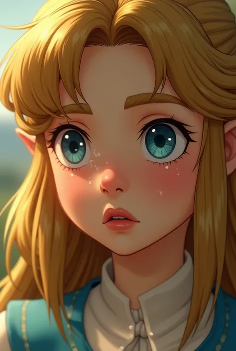  Shows a close up of Princess Zeldas face , Character from Tears Of The Kingdom ,  about to sneeze because of pollen particles seeping into her nose .  I want a detailed emphasis on the front face with the symptoms of accumulation