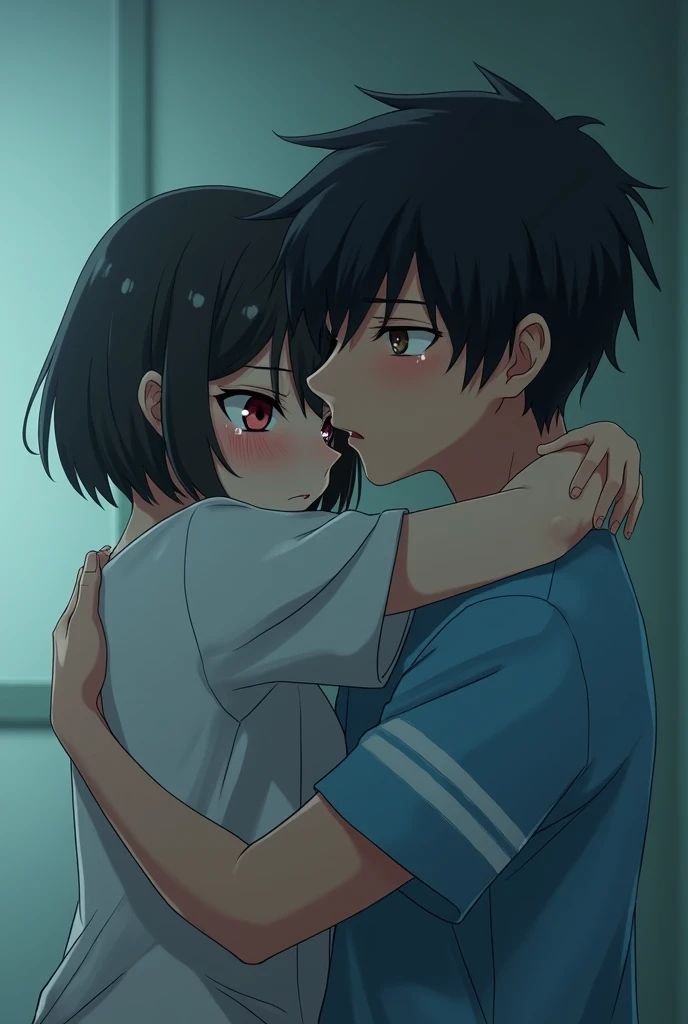 An 18-year-old anime girl with short black hair and sharp red eyes full of tears sits and hugs a 22-year-old man wearing a special shirt for patients and has black hair and brown eyes. With serious looks at the hospital.  