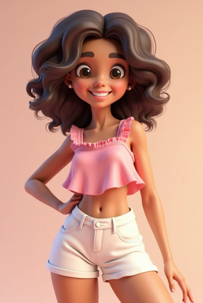  Create a cute 3D woman with big curly hair with brown eyes wearing a pink blouse and white shorts with light pink details. Name in Volta Mimos da Mari 