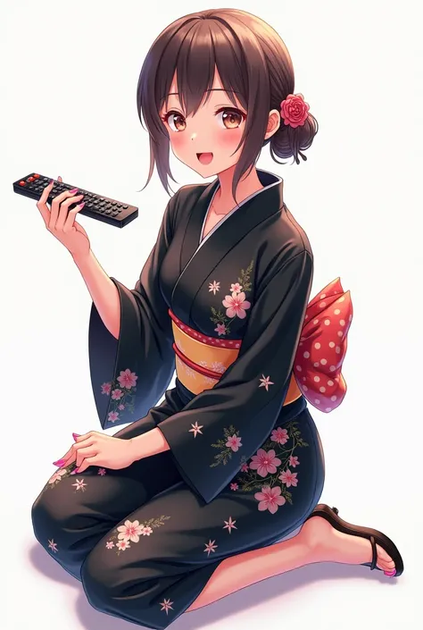 Anime adolescent woman with pink nails with black television remote control and with shiny black yukata with flowers and geta in front and with full body white background and with emotions of joy and happiness with the bright remote control of the televisi...