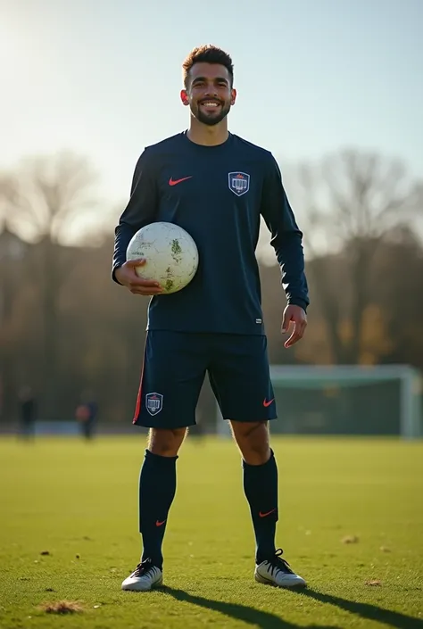  il y a un homme debout sur un terrain de football avec un ballon, une photo de Dean Ellis , Shutterstock, dau-al-set, Mohamed Chahin, looking happy, Beau man, capturer encore, très beau, Emmanuel est silencieux, édité, 2 0 2 2 photo, Serge Minhulin, très ...