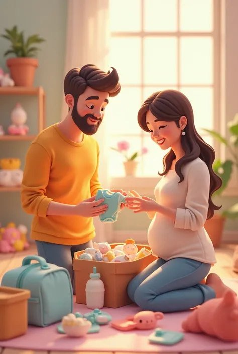 Couple preparing newborn bag with diapers, milk clothes in cartoon or 3d design
