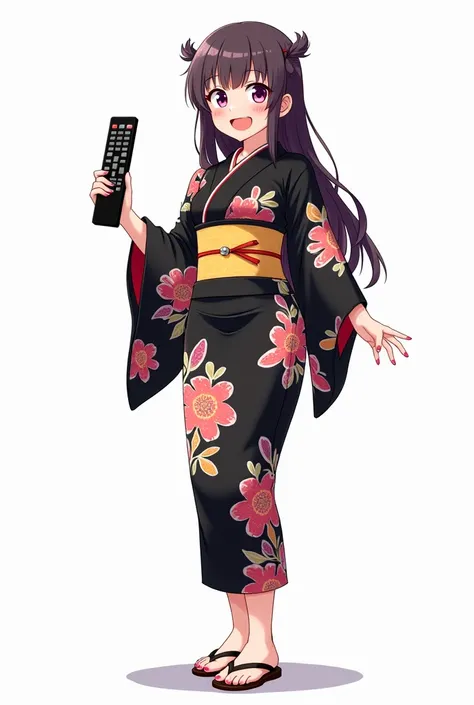 Anime adolescent woman with pink nails with black television remote control and with shiny black yukata with flowers and geta standing in front and with full body white background and with emotions of joy and happiness with the bright remote control of the...