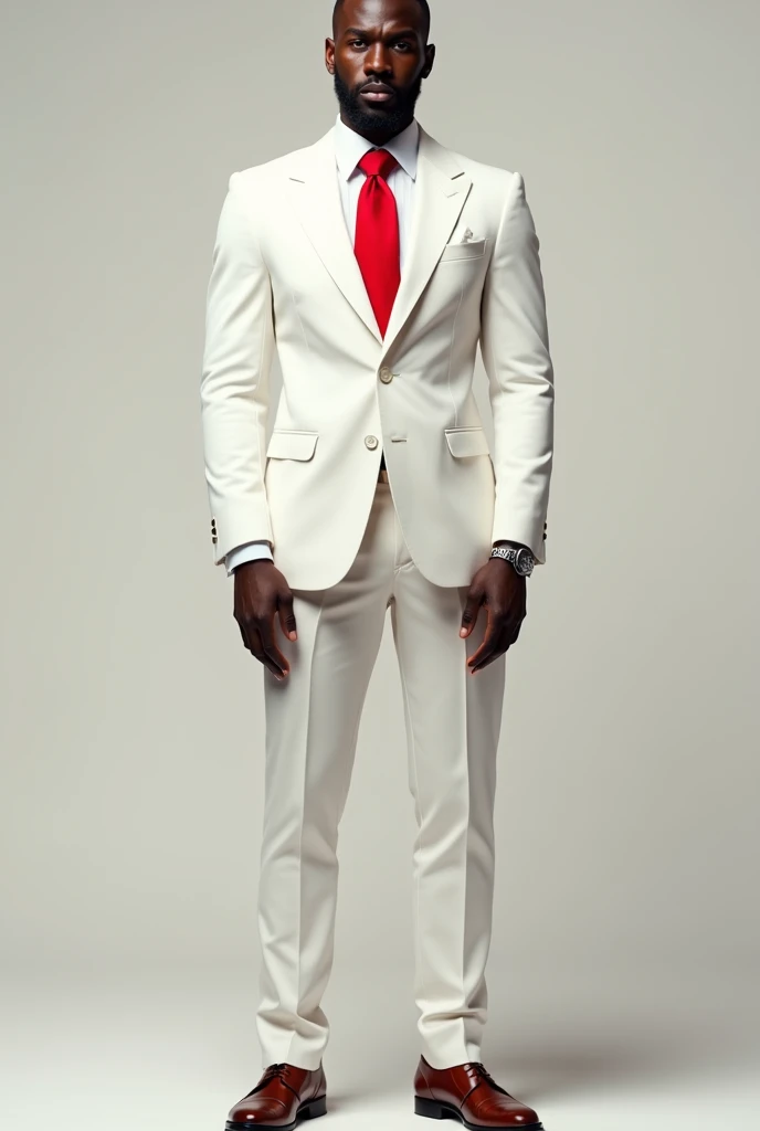 A black man in a white suit and red tie