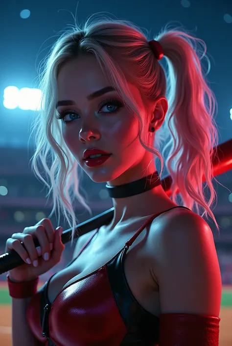 a cute 1 girl in a Harley Quinn, swinging a baseball bat in a dynamic pose, standing alone in a baseball stadium at night under a starry sky, detailed face, beautiful detailed eyes, beautiful detailed lips, extremely detailed eyes and face, long eyelashes,...