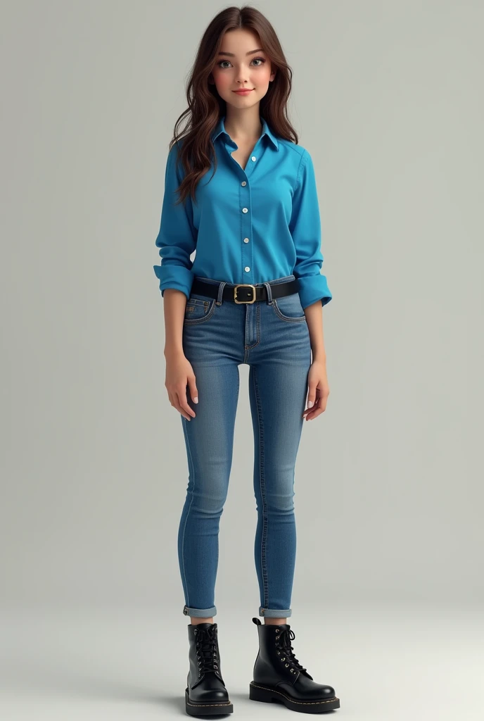 Girl in jeans, black boots, black belt, camisa azul