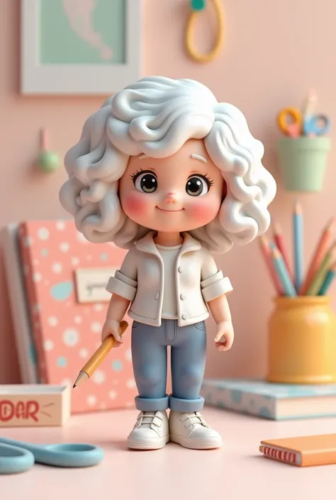 Create a cute 3D white woman with curly hair with personalized stationery objects cute boxes,  scissors, notebook and pencils holding a pencil 