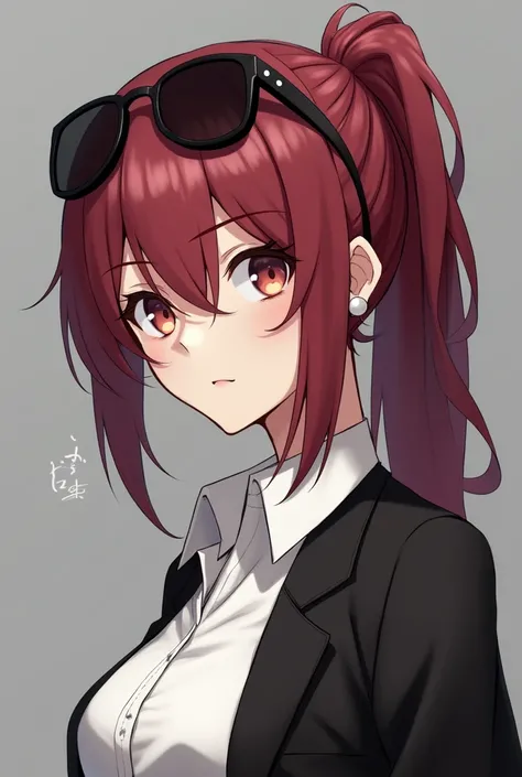 Kafka from Honkai star rail.  European appearance. A young woman with red wine-colored hair pulled back into a messy ponytail with two loose bangs hanging down on either side of her face. Her eyes are a similar, lighter shade, and she wears dark pince-nez ...