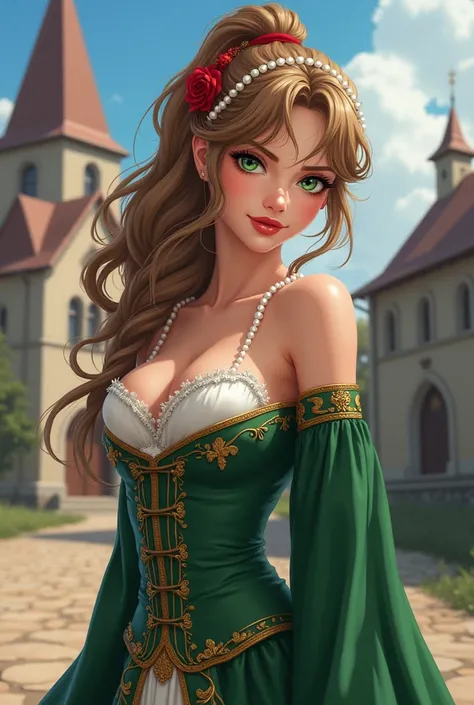  Serena a 25-year-old woman with wavy light brown hair , very beautiful, with a curvaceous body ,  her hair is tied in a high tail , red and sensual lips,  her fringe split in half falls on her green eyes dressed in medieval high society clothing,  that co...