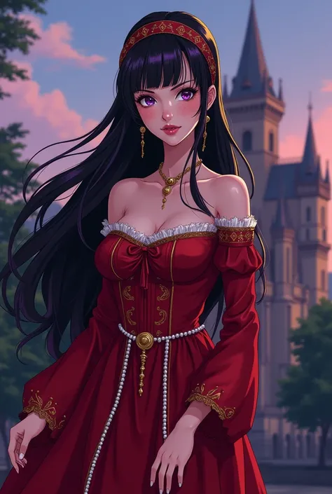  Serena, a 25-year-old woman with black hair with purple sparkles,  very beautiful with a curvilinear body ,  her hair is long ,   letting her long hair fall on her hips ,  red and sensual lips,  her fringe split in half falls on her purple eyes ,  dressed...