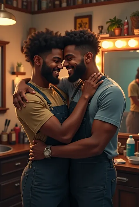 Two brothers who are hairdressers and are standing around each other, their skin is dark, their hair is curly and they love each other very much, and they are inside the barber shop.