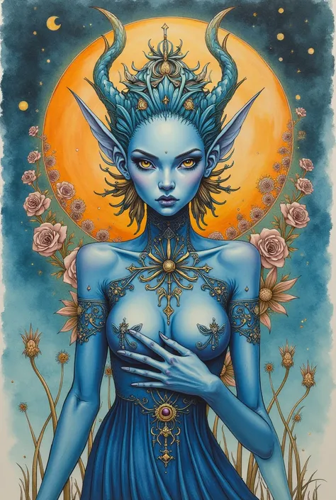 An art nouveau style watercolor image of a slender blue elf girl in a bizarre outfit. Covering her breasts with her hands. Alien atmosphere. Druillet style. Enki Bilal. Mesmerizing look. Ornamental alien planet background. 