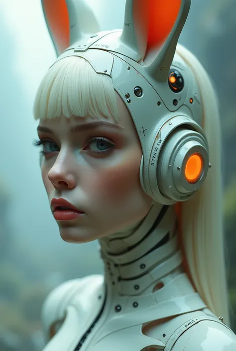 a close up of a woman in a futuristic outfit with rabbit headphones, cyborg girl, perfect android girl, cyborg - girl, cute cyborg girl, cyborg - girl with color hair, beutiful white girl cyborg, beutiful girl cyborg, beautiful female android!, girl in mec...