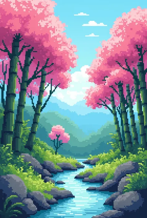 pixelart,  pink Japanese trees, bamboo 