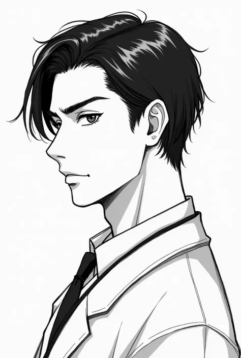 Anime man groom  handsome with straight hair black and white drawing from Japan 
