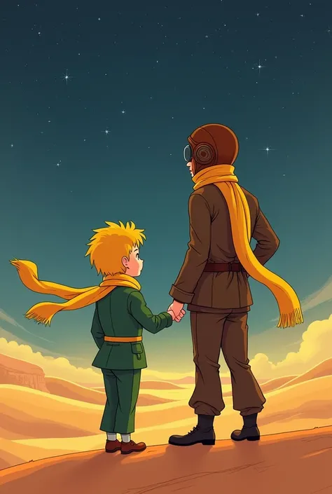 A breathtaking fantastic illustration of a vintage-inspired movie poster with the iconic St-Exuperys small Little Prince with blond hair in the wind standing, view from back, set against a majestic desert landscape at dusk, donning a vibrant yellow scarf t...