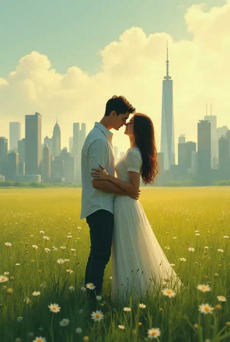 Look of love between a man and a woman in an open field with a cityscape in the background