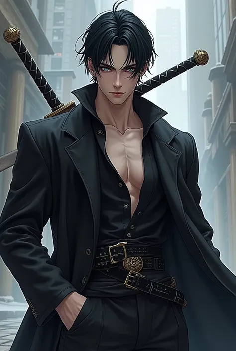 1 boy, masculine focus,  ichigos body and black hair ,  has blue eyes,   white skin,  wears a black outfit, has a scar on his face  ,  sword and a mask that holds around the waist outdoors.   perfect face ( masterpiece ), ( best quality), ( super detailed)...