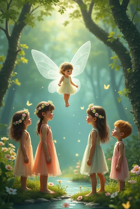 2 girls and 2 boys in a forest with an angelic fairy