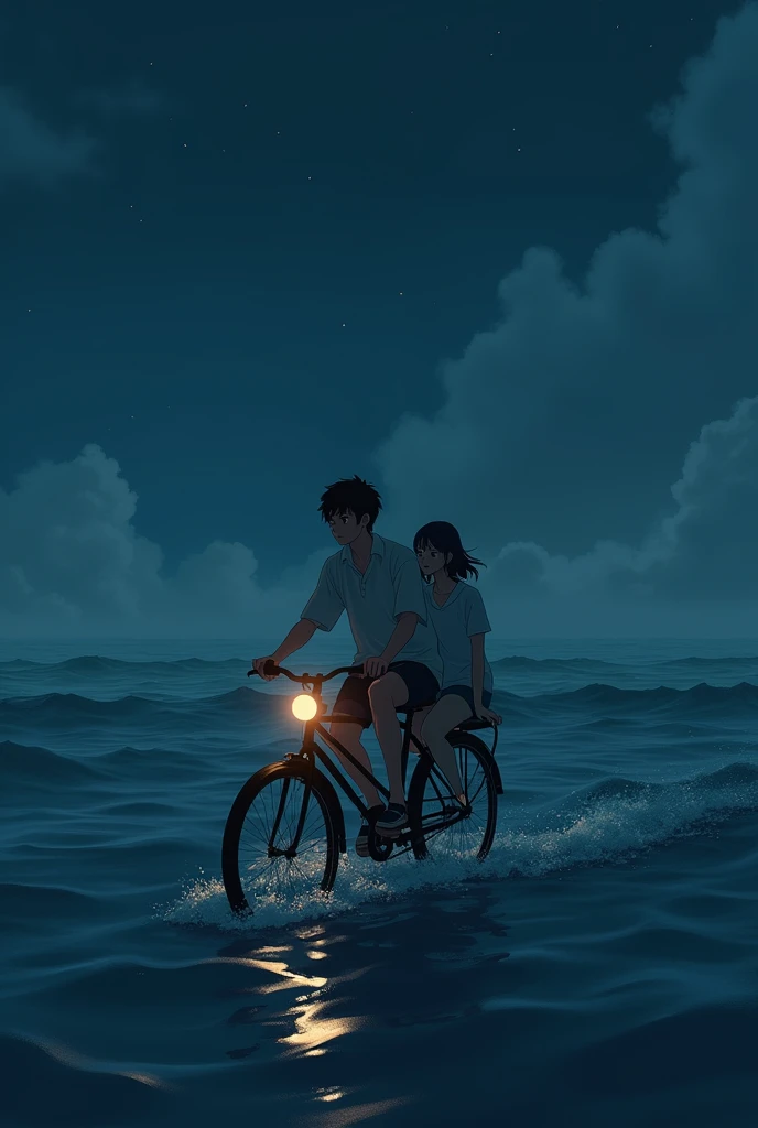 Anime man cycling lofi in night midsea with girl 