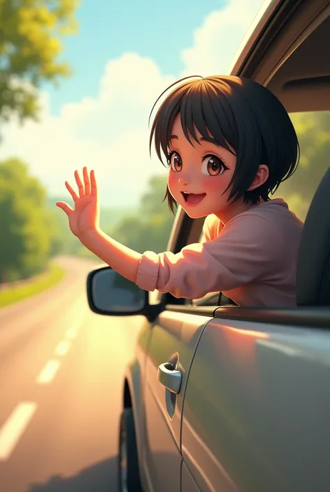 A gentle girl with short hair say hello through car window  while driving 