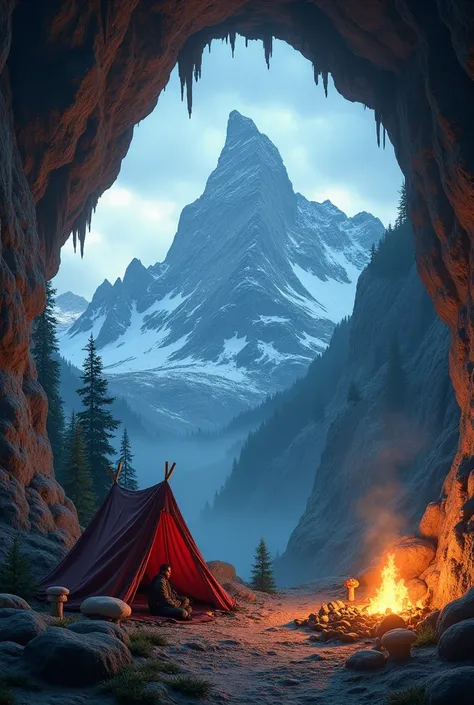 , the adventurer collects medieval equipment around the campsite ,  adds a tent and a hobit house ,  spreads cave mushrooms and blankets to the ground for a cozy campfire ,  looks at the large castle on the mountain ,  Photos of the vast landscape at Castl...