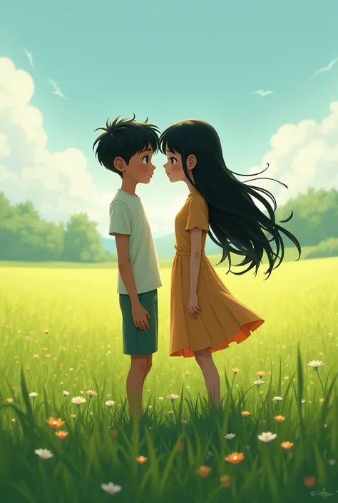 thin and scrawny boy mingling with a medium height girl with beautiful black hair in a field