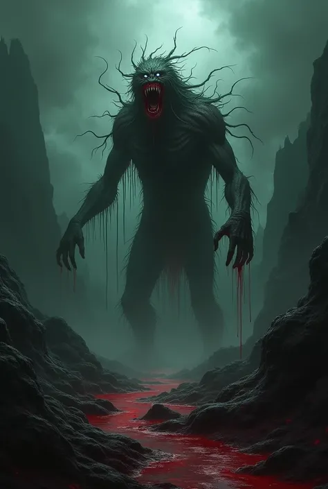 dark, sinister and frightening landscape, in dark tones and diffused light. Horrible creature, with oozing viscous liquids, blood and other very disgusting things