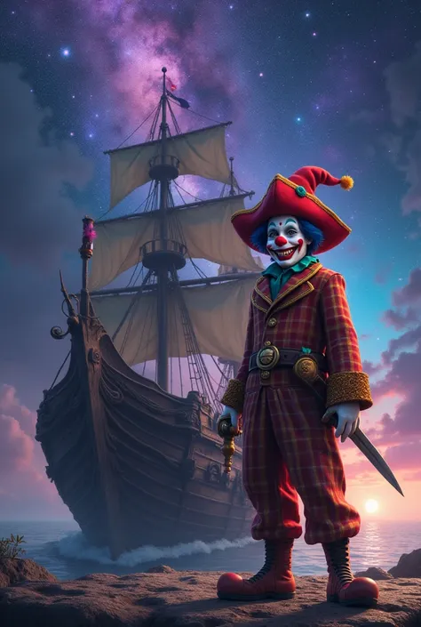 Un clown pirate devant un vieux navire sur un fond violet bleu galactique 