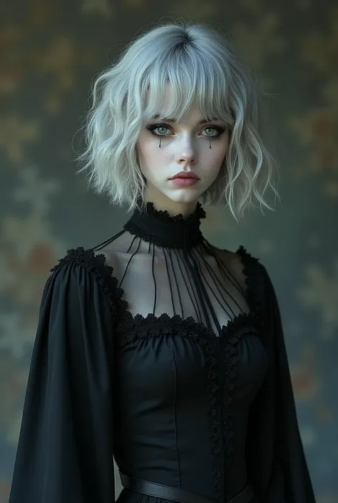 Generate a human girl , Some 22 years old ,  with a more goth makeup,  very white skin,  short wavy and greyish hair,  bright cyan eyes , Dark medieval dress plus simple black nails,  full body, Express scared