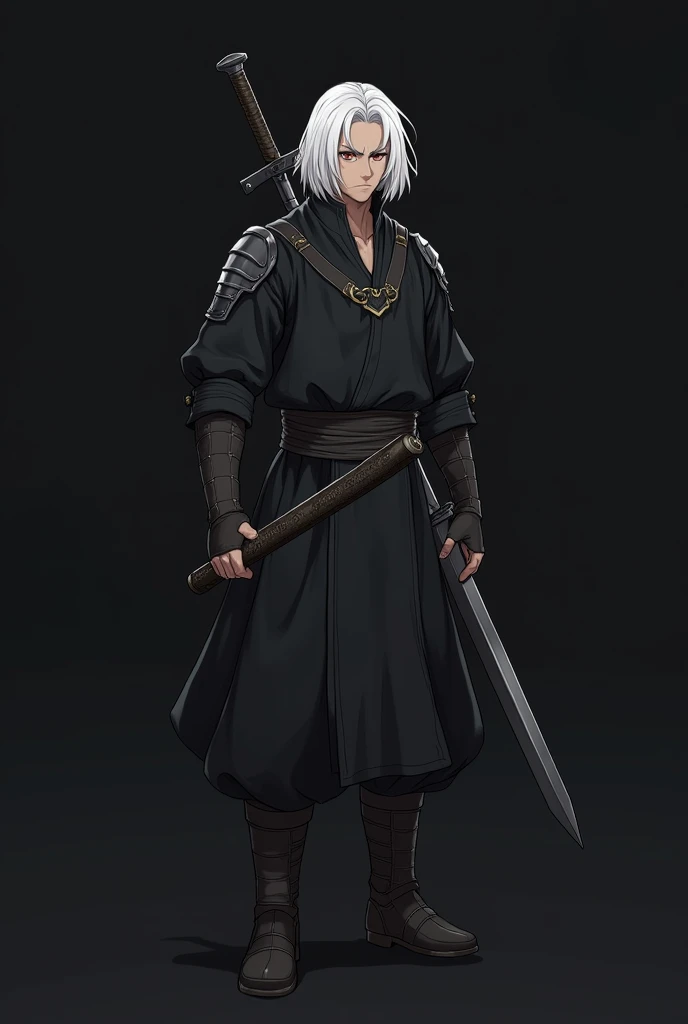 A black male character with a closed face carrying a sword,  with dark eyes and fine but striking features .  Medium white hair ,  at ear height .  A simple medieval outfit ,  with small metal parts that refer to armor.  A body with a strong and robust str...