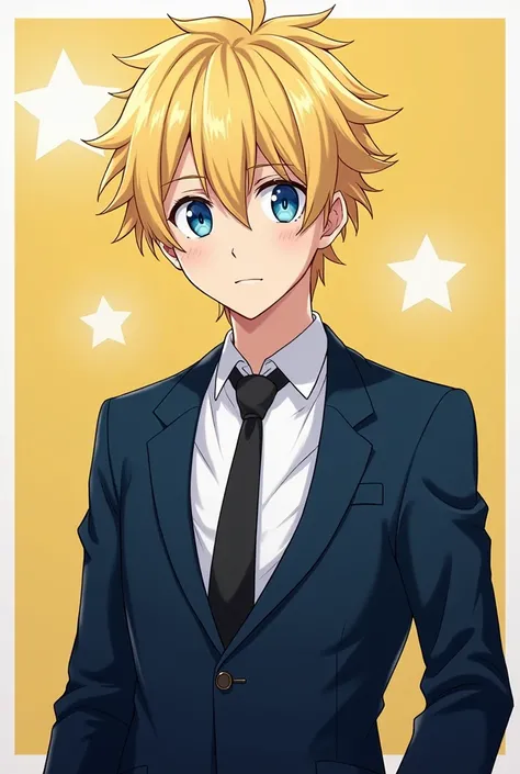 anime character with blond hair and blue eyes in a suit, Russell Dauterman, norihiro yagi, Boku no Hero Academia Style, The World Ends With You , inspired by Sadamichi Hirasawa, anime style”, At My Hero Academia , Anime Key Art, in the anime movie, Kagamin...