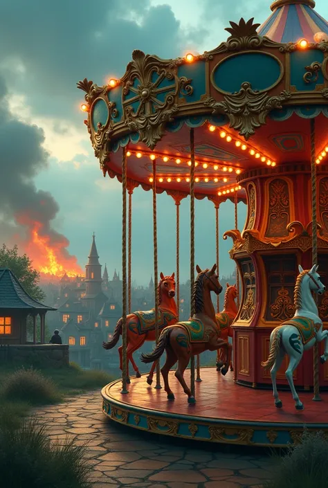 a fun carousel with burning houses in the background 