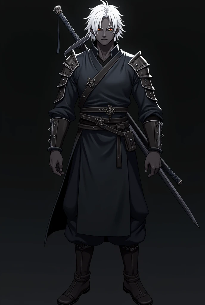  A black-skinned male character, with a closed face , carrying a sword,  with dark eyes and fine but striking features .  Medium white hair ,  at ear height .  A simple medieval outfit ,  with small metal parts that refer to armor.  A body with a strong an...