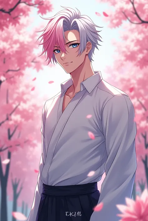 anime male, half pink hair and white silver hair, light blue eyes, teen, tall, pretty male, long eyelashes, white shirt, black gi pants, cherry blossom trees, muscular 