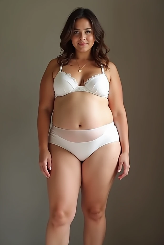 Make João Guilhermes mothers belly big and make her very fat in very big and giant white panties and a bra showing her tits. And do it backwards so I can see her ass