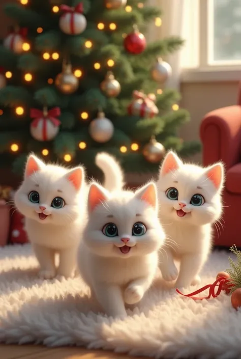  White cat with two more white cat bringing Christmas tree